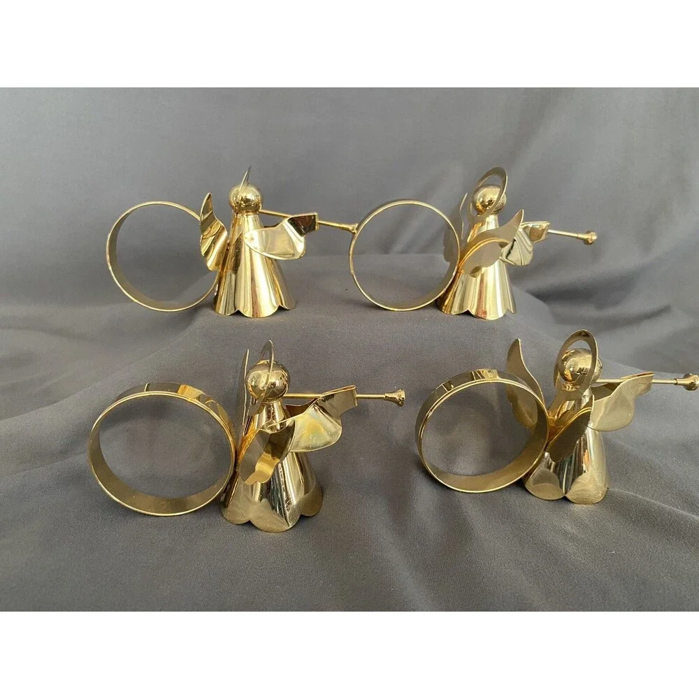 CHRISTMAS ANGEL TRUMPET BRASS GOLD TONE NAPKIN RINGS HOLDERS PLAYING TRUMPET SET
